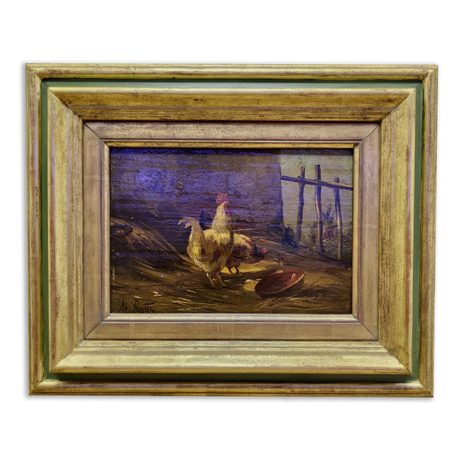Antique Chicken Oil Painting, 19th Century Farm Scene, Framed Realism Wall Art, Rural Life Artwork, Rustic Home Decor, Housewarming Gift