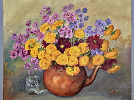Vintage French Floral Oil Painting, Yellow & Purple Flowers, 1950s Signed Still Life