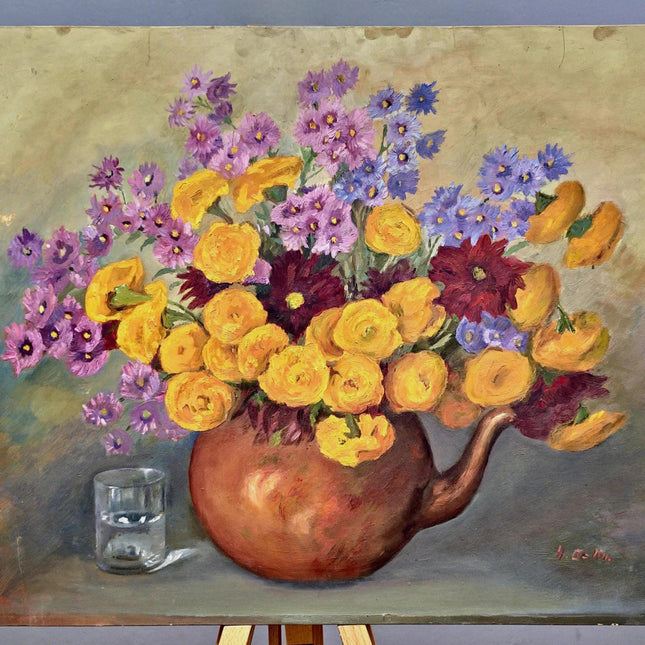 Vintage French Floral Oil Painting, Yellow & Purple Flowers, 1950s Signed Still Life