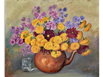 Vintage French Floral Oil Painting, Yellow & Purple Flowers, 1950s Signed Still Life