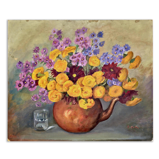 Vintage French Floral Oil Painting, Yellow & Purple Flowers, 1950s Signed Still Life