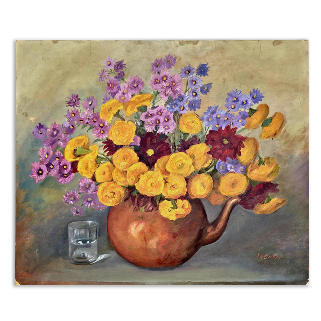 Vintage French Floral Oil Painting, Yellow & Purple Flowers, 1950s Signed Still Life