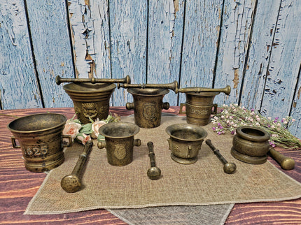 Antique Brass Mortar and Pestle Collection, 18th-20th Century Apothecary Decor