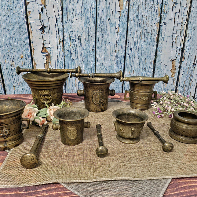 Antique Brass Mortar and Pestle Collection, 18th-20th Century Apothecary Decor