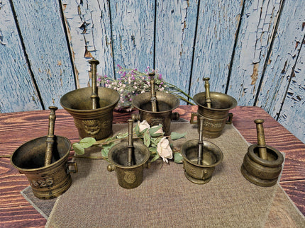 Antique Brass Mortar and Pestle Collection, 18th-20th Century Apothecary Decor