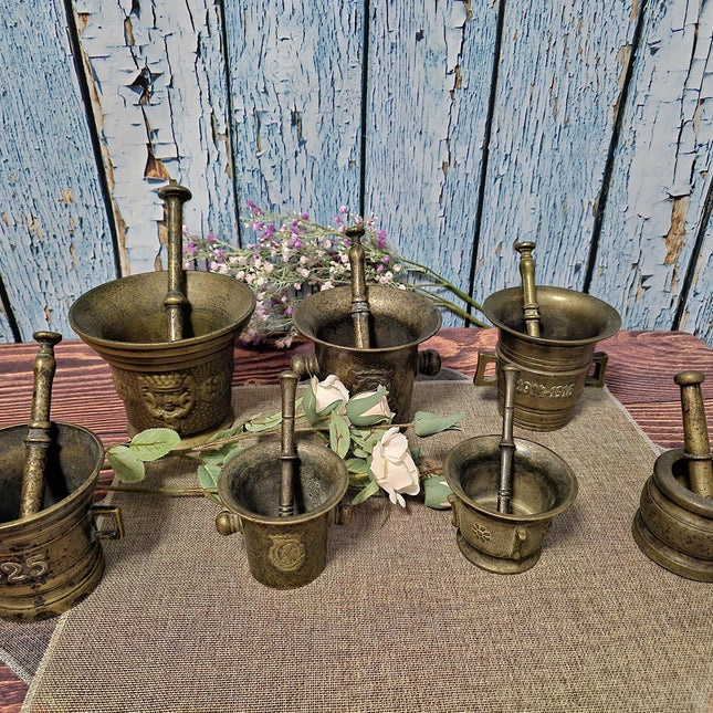 Antique Brass Mortar and Pestle Collection, 18th-20th Century Apothecary Decor