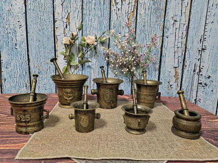 Antique Brass Mortar and Pestle Collection, 18th-20th Century Apothecary Decor