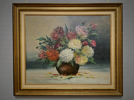 Vintage French Floral Oil Painting, Framed Chrysanthemum Art
