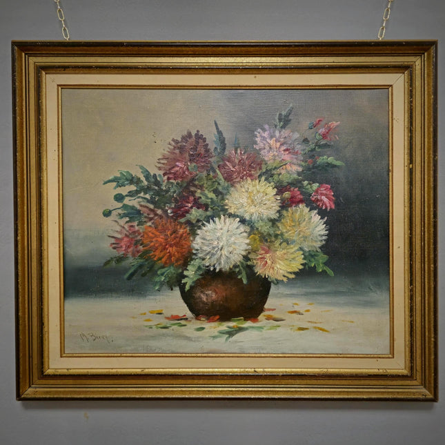 Vintage French Floral Oil Painting, Framed Chrysanthemum Art