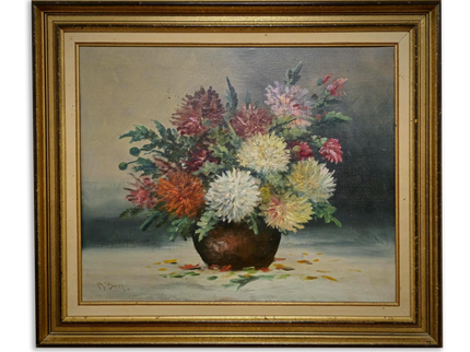 Vintage French Floral Oil Painting, Framed Chrysanthemum Art