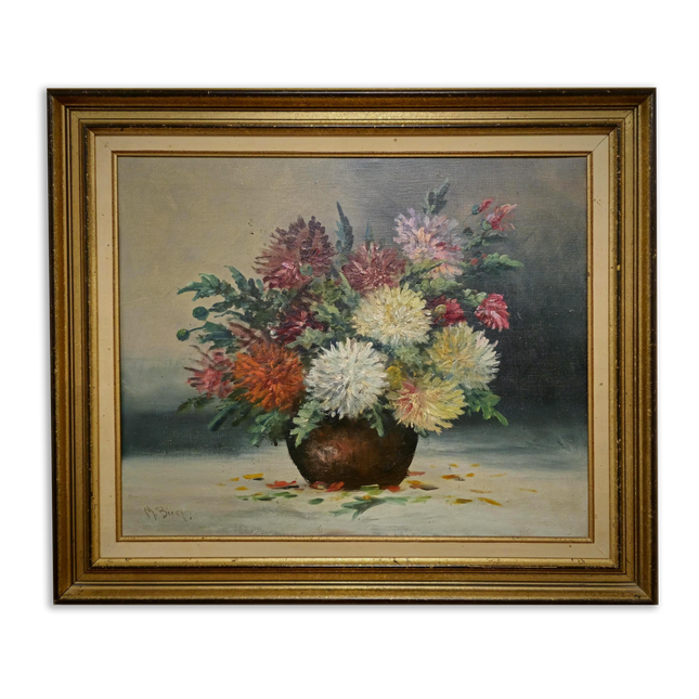 Vintage French Floral Oil Painting, Framed Chrysanthemum Art