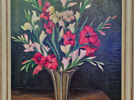 Vintage French Floral Oil Painting, Framed Flower Still Life, 1937