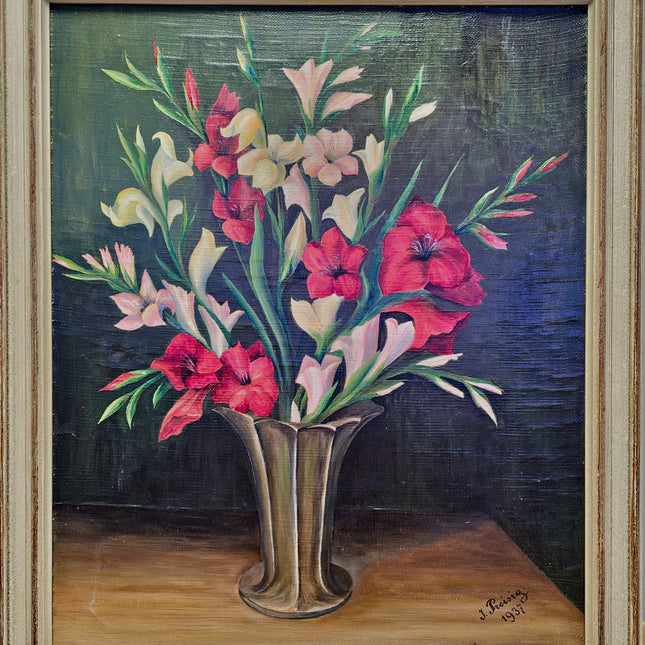 Vintage French Floral Oil Painting, Framed Flower Still Life, 1937