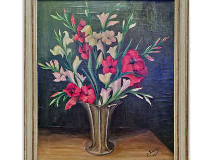 Vintage French Floral Oil Painting, Framed Flower Still Life, 1937