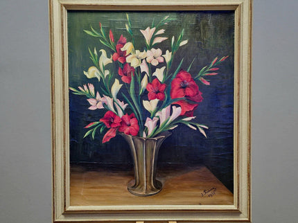 Vintage French Floral Oil Painting, Framed Flower Still Life, 1937