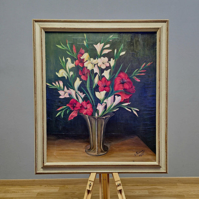 Vintage French Floral Oil Painting, Framed Flower Still Life, 1937