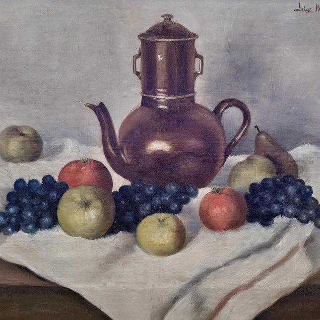 Vintage Fruit Still Life Oil Painting, Teapot and Fruits Scene, French Country Decor