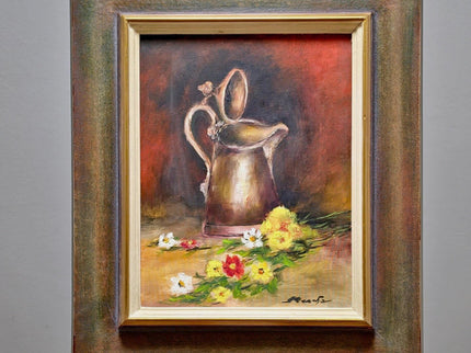 Vintage French Still Life Oil Painting, Rustic Jug and Flowers, Framed Art