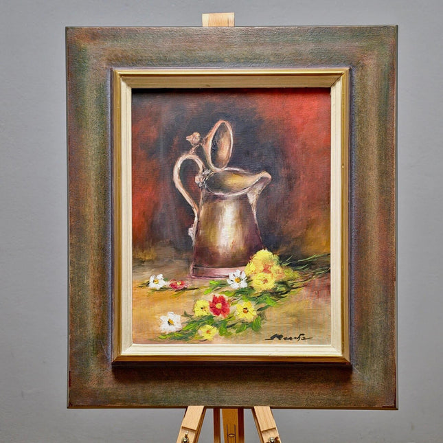 Vintage French Still Life Oil Painting, Rustic Jug and Flowers, Framed Art