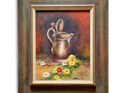 Vintage French Still Life Oil Painting, Rustic Jug and Flowers, Framed Art
