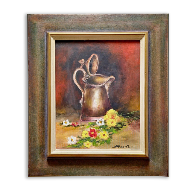 Vintage French Still Life Oil Painting, Rustic Jug and Flowers, Framed Art
