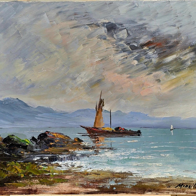 Lake Geneva Painting Art, Vintage Signed Swiss Oil Painting, Original Landscape Artwork, Nautical Art Home Decor, Art Lovers Gift