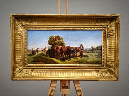 Antique Italian Oil Painting Haymaking Scene with Oxen, 19th Century Roman Countryside, Signed Rural Artwork, Rustic Farm Wall Decor