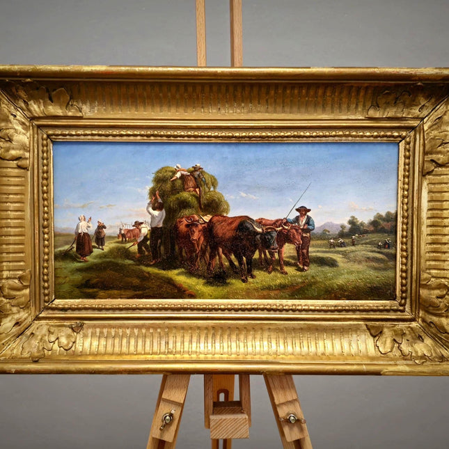 Antique Italian Oil Painting Haymaking Scene with Oxen, 19th Century Roman Countryside, Signed Rural Artwork, Rustic Farm Wall Decor