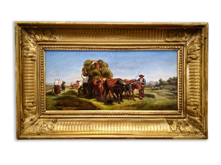 Antique Italian Oil Painting Haymaking Scene with Oxen, 19th Century Roman Countryside, Signed Rural Artwork, Rustic Farm Wall Decor