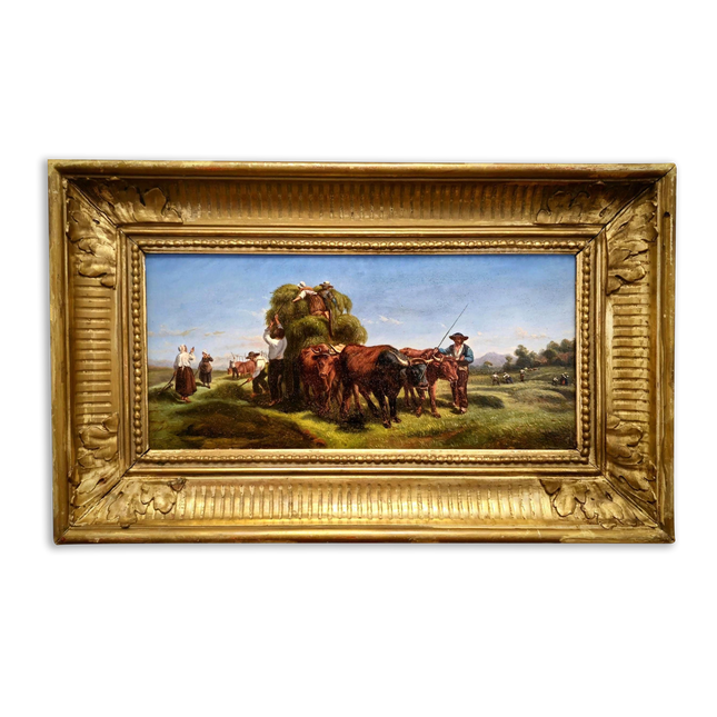Antique Italian Oil Painting Haymaking Scene with Oxen, 19th Century Roman Countryside, Signed Rural Artwork, Rustic Farm Wall Decor