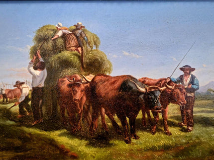 Antique Italian Oil Painting Haymaking Scene with Oxen, 19th Century Roman Countryside, Signed Rural Artwork, Rustic Farm Wall Decor