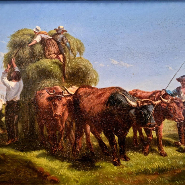 Antique Italian Oil Painting Haymaking Scene with Oxen, 19th Century Roman Countryside, Signed Rural Artwork, Rustic Farm Wall Decor