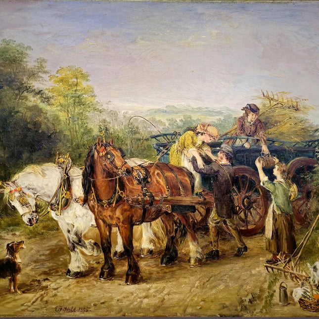 Antique British Oil Painting Horse Scene, Signed Victorian Pastoral Landscape, 19th Century Rural Artwork, Original Fine Art