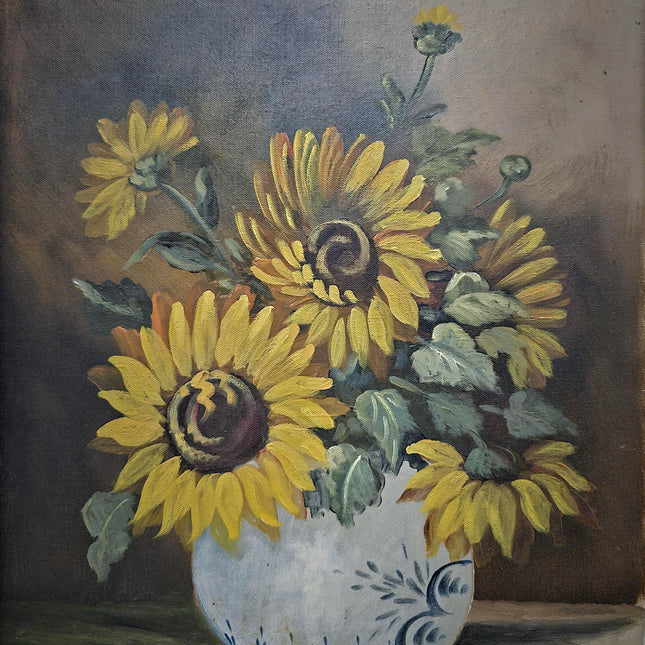 Vintage Sunflowers Painting, Original Floral Oil Painting on Canvas, Still Life Framed Wall Art, Nature Painting for Home Decor