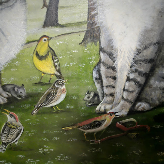 Naive Cat Oil Painting, Rustic Animal Folk Art, Vintage European Wall Decor, Original Cottagecore Artwork, Signed Cat and Bird Scene
