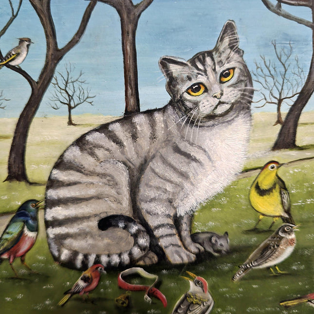 Naive Cat Oil Painting, Rustic Animal Folk Art, Vintage European Wall Decor, Original Cottagecore Artwork, Signed Cat and Bird Scene