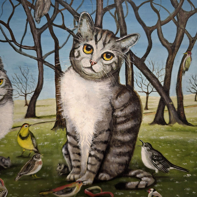 Naive Cat Oil Painting, Rustic Animal Folk Art, Vintage European Wall Decor, Original Cottagecore Artwork, Signed Cat and Bird Scene