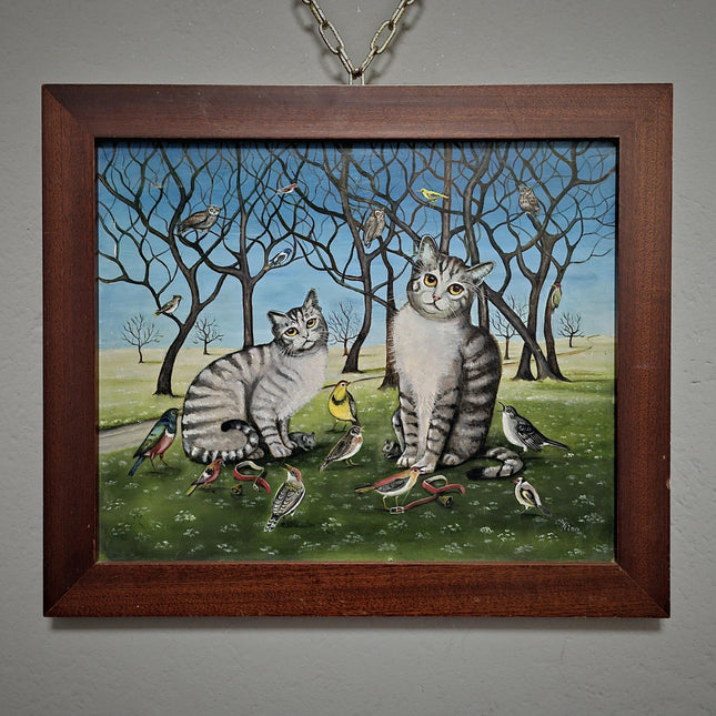 Naive Cat Oil Painting, Rustic Animal Folk Art, Vintage European Wall Decor, Original Cottagecore Artwork, Signed Cat and Bird Scene