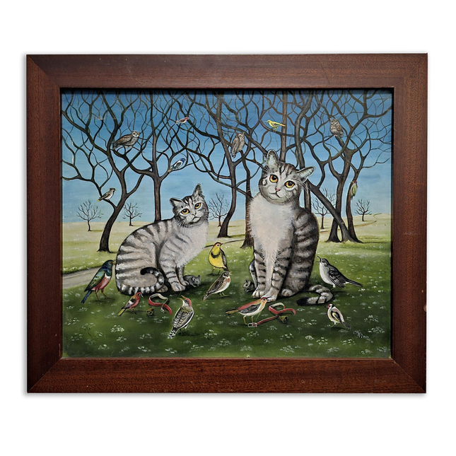 Naive Cat Oil Painting, Rustic Animal Folk Art, Vintage European Wall Decor, Original Cottagecore Artwork, Signed Cat and Bird Scene