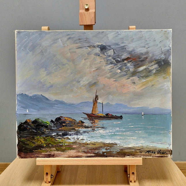 Lake Geneva Painting Art, Vintage Signed Swiss Oil Painting, Original Landscape Artwork, Nautical Art Home Decor, Art Lovers Gift