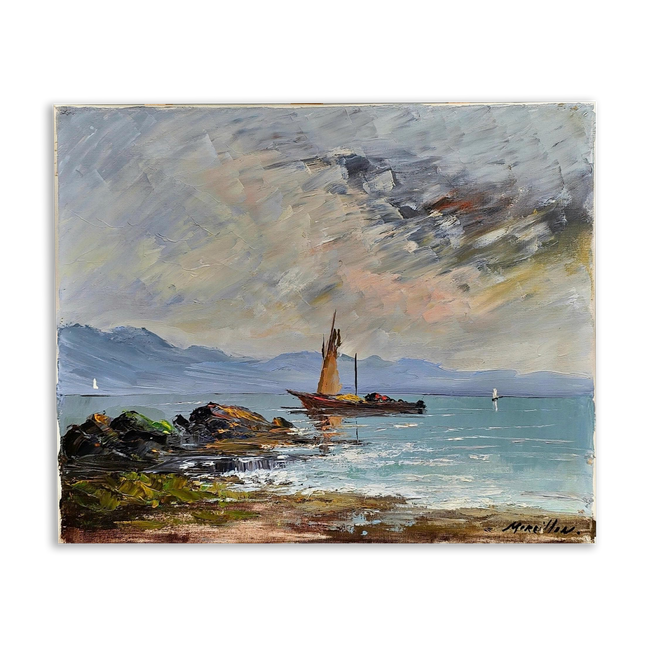 Lake Geneva Painting Art, Vintage Signed Swiss Oil Painting, Original Landscape Artwork, Nautical Art Home Decor, Art Lovers Gift