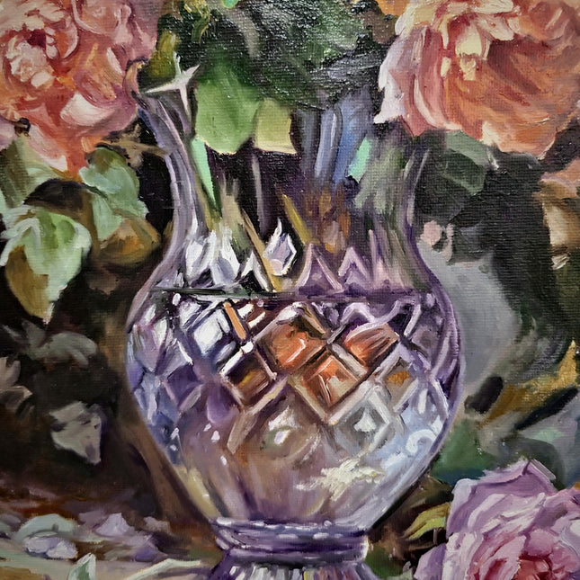 Romantic Rose Still Life Oil Painting, Floral Art, Classic Home Decor, Elegant Bouquet Canvas, Gift For Bedroom Collectible Original Artwork