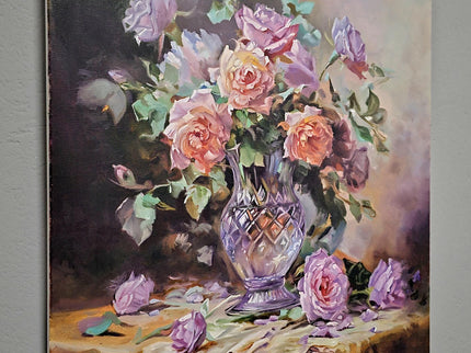 Romantic Rose Still Life Oil Painting, Floral Art, Classic Home Decor, Elegant Bouquet Canvas, Gift For Bedroom Collectible Original Artwork