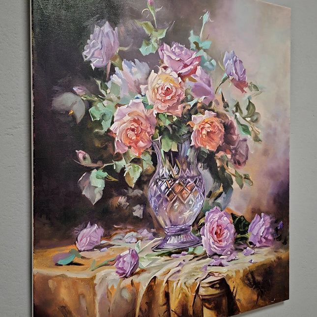 Romantic Rose Still Life Oil Painting, Floral Art, Classic Home Decor, Elegant Bouquet Canvas, Gift For Bedroom Collectible Original Artwork