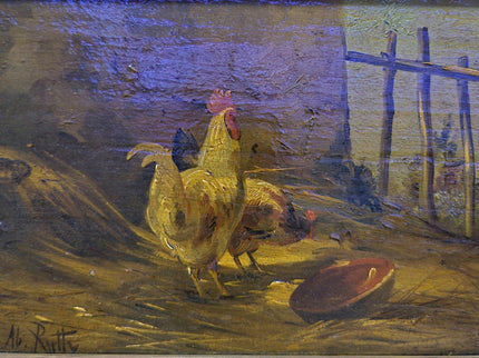 Antique Chicken Oil Painting, 19th Century Farm Scene, Framed Realism Wall Art, Rural Life Artwork, Rustic Home Decor, Housewarming Gift