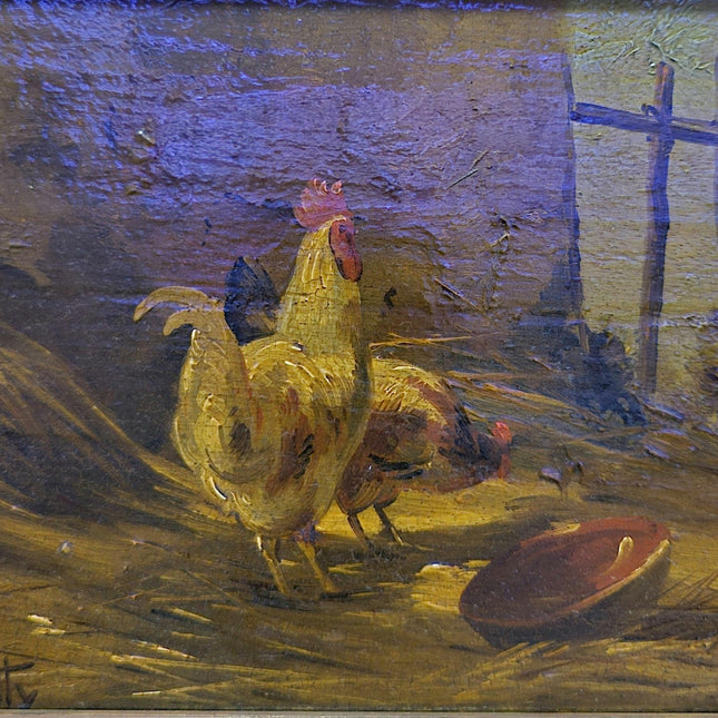 Antique Chicken Oil Painting, 19th Century Farm Scene, Framed Realism Wall Art, Rural Life Artwork, Rustic Home Decor, Housewarming Gift