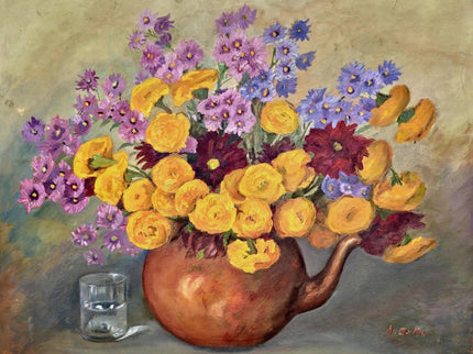 Vintage French Floral Oil Painting, Yellow & Purple Flowers, 1950s Signed Still Life