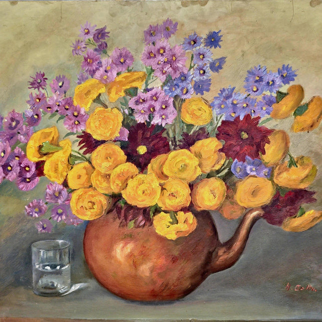 Vintage French Floral Oil Painting, Yellow & Purple Flowers, 1950s Signed Still Life