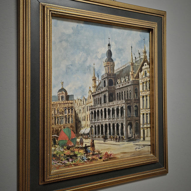 Antique Oil Painting European Cityscape Vintage Belgian Artwork Gothic Architecture Classic Home Decor Signed Canvas Ornate Framed Wall Art