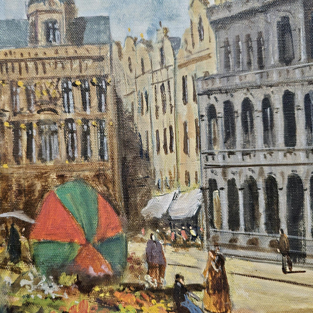 Antique Oil Painting European Cityscape Vintage Belgian Artwork Gothic Architecture Classic Home Decor Signed Canvas Ornate Framed Wall Art